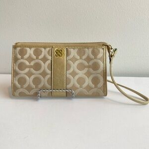 Coach Op Zippy Clutch Wristlet Wallet‎ Khaki Beige Gold